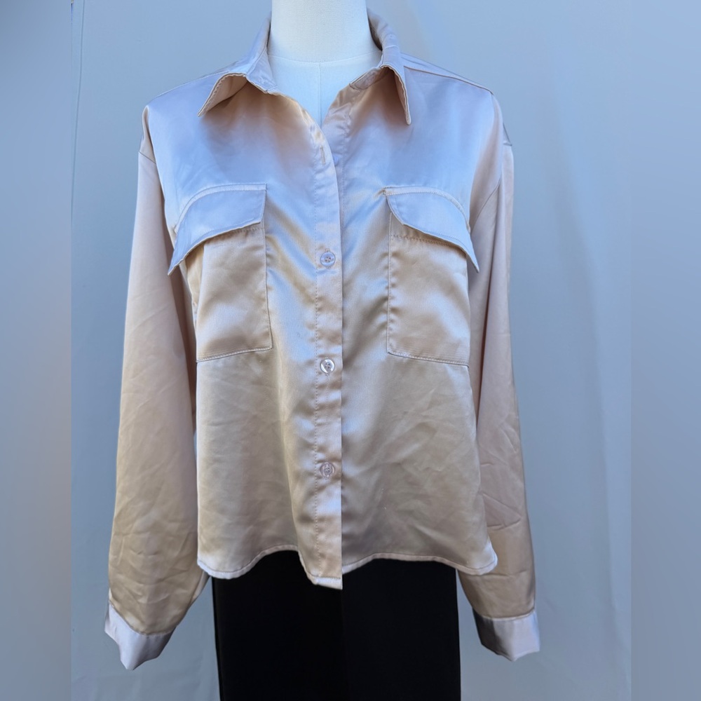 Champagne Satin Button-Up Blouse Size Large